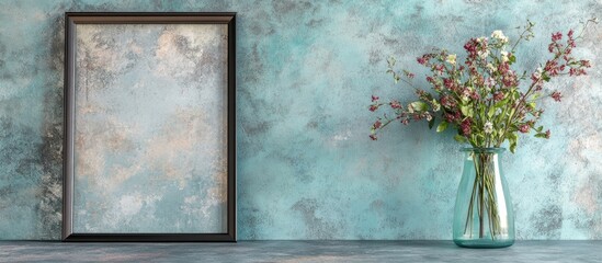 Poster - Aesthetic rustic interior with textured teal wall, empty black picture frame on left, and green glass vase with dried flowers on right.