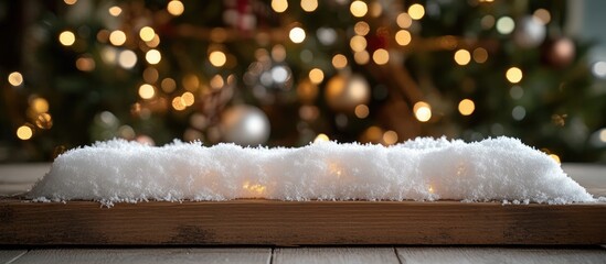 Aufkleber - Wooden table covered in snow with blurred Christmas decorations in the background featuring warm golden and red bokeh creating a cozy holiday scene
