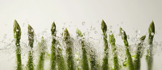 Leinwandbilder - Vibrant fresh asparagus spears with water droplets on a light background arranged in a row showcasing their green color and freshness.