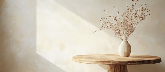 Leinwandbilder - Boho style wooden pedestal table with dry flowers in a cream vase against a soft light wall background with shadows creating ample copy space