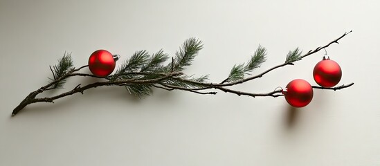 Aufkleber - Festive Christmas tree branch with three vibrant red baubles on a light background creating a joyful holiday atmosphere with green pine needles