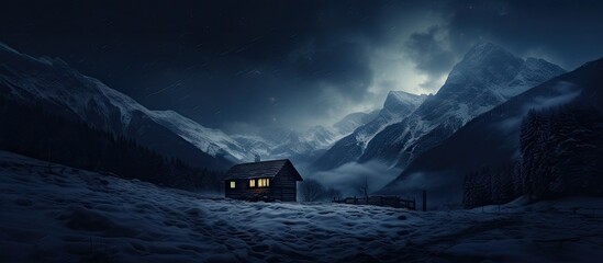 Aufkleber - Snow-covered landscape at night featuring a solitary cabin with warm glowing windows surrounded by towering dark mountains and cloudy sky.