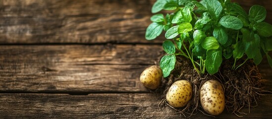 Aufkleber - Thriving potato seedlings with green leaves and roots on a rustic wooden table, highlighting home gardening potential and organic growth beauty.