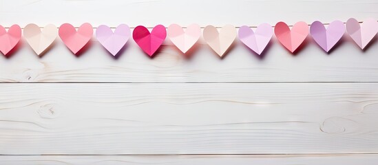 Poster - Garland of pastel origami hearts in shades of pink and purple arranged on a white wooden table with a bright textured surface.