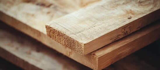 Fototapete - Closeup of unfinished light brown wood texture with natural patterns and grains, stacked planks arranged at various angles on a neutral background