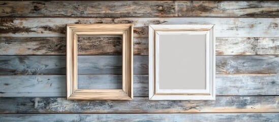 Aufkleber - Wooden wall backdrop featuring a rustic empty rectangular beige wood frame on the left and a square white frame on the right for creative mockups.
