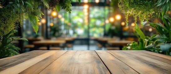 Poster - Wooden table in the foreground with a blurred indoor garden setting featuring green foliage and warm lights creating an inviting ambiance for displays