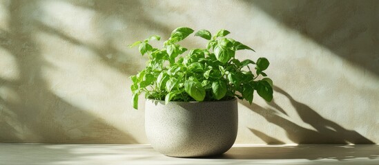Poster - Vibrant green basil in a gray ceramic pot positioned centrally on a light surface with soft sunlight casting shadows, ideal for indoor gardening themes