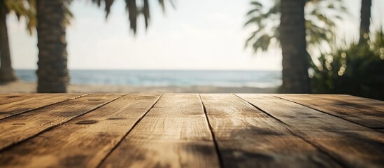 Aufkleber - Empty wooden table in the foreground with blurred ocean beach view and palm trees in soft sunlight creating a summer ambiance.