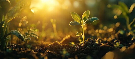 Poster - Bright green seedling emerging from dark soil, illuminated by golden sunlight in a soft focus background, conveying growth and renewal.