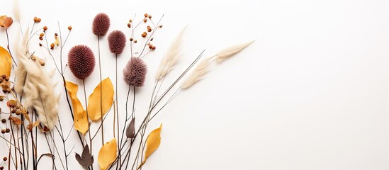 Aufkleber - Eucalyptus branches and dried flowers with warm tones arranged on a white background, featuring soft textures and a balanced composition on the left.