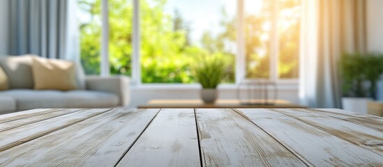 Poster - Bright wooden table in foreground with green foliage in blurred background sunlight streaming through large windows creating a vibrant home atmosphere