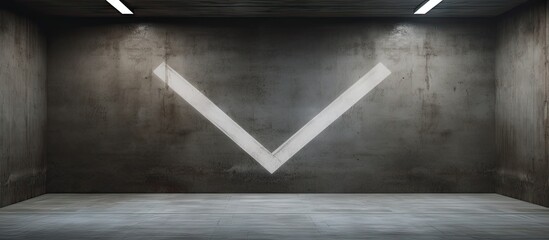 Fototapete - Dark concrete room interior featuring a large white downward arrow on the wall, illuminated by two overhead light strips, creating a minimalistic ambiance.