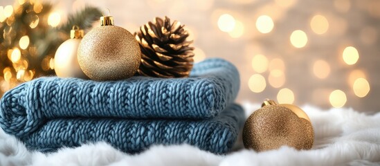 Poster - Cozy stacked blue knitted blankets with gold Christmas ornaments and pine cone on soft white fabric against a blurred warm bokeh background