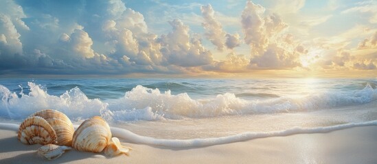 Poster - Serene beach landscape at sunset with warm sunlight casting golden hues on gentle waves and sea shells resting on soft sandy shores.