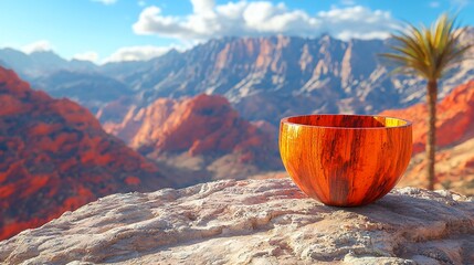 Canvas Print - Wooden bowl on a mountaintop overlooking a desert vista.