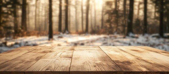 Aufkleber - Serene empty wooden table in foreground with soft blurred winter forest backdrop featuring warm sunlight filtering through snowy landscape