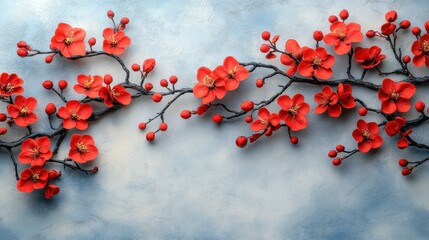 Wall Mural - Vibrant red blossoms arranged elegantly on a textured blue background, creating a serene ambiance