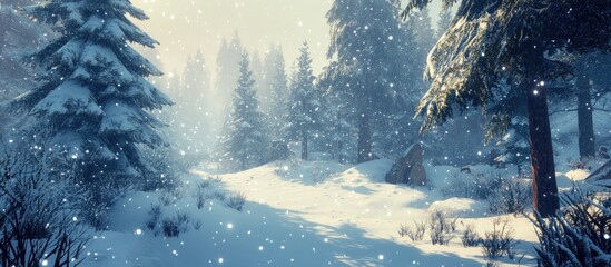 Aufkleber - Serene winter forest landscape with snow-covered fir and pine trees in soft blue and white hues creating a tranquil scene of winter magic