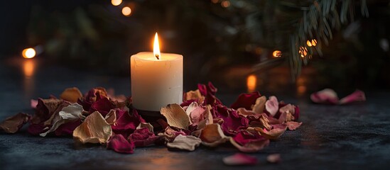 Leinwandbilder - Candlelight illuminates dried petals in shades of pink and gold on a dark background with blurred fairy lights creating a romantic ambiance