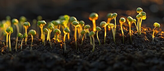 Aufkleber - Lush green sprouts emerging from dark rich soil under warm golden sunlight, symbolizing growth and vitality in nature's nurturing environment.