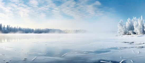 Poster - Calm winter lake with pristine snow-covered shores and misty atmosphere under a blue sky, panoramic view offering ample copy space