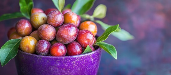 Poster - Vibrant purple container filled with freshly harvested jujuberries in rich reds and yellows, garnished with green leaves against a textured background.
