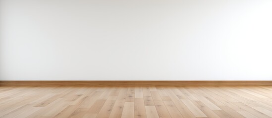 Poster - Bright empty white wall with smooth texture and light wooden oak floor showcasing natural grains positioned centrally in a spacious room.