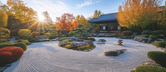 Leinwandbilder - Tranquil autumn zen garden featuring a serene raked sand landscape with vibrant orange and yellow foliage illuminated by soft sunlight