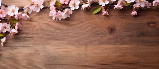 Poster - Delicate pink sakura flowers arranged on a rustic wooden board with a warm brown background creating a serene and natural flat lay image.