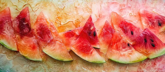 Poster - Vibrant watermelon slices arranged neatly on a soft light background highlighting red and green hues with a refreshing summertime aesthetic