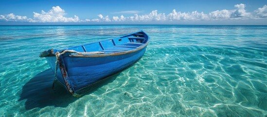 Aufkleber - Vibrant blue boat floating serenely on clear turquoise waters under a bright blue sky with fluffy white clouds reflecting in calm surface.
