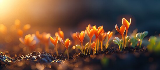 Aufkleber - Vibrant young sprouts in rich black soil basking in warm golden sunlight creating a sense of growth and vitality in nature's embrace