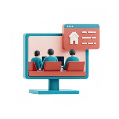 Wall Mural - A stylized computer screen displaying three people working, with a floating home icon and interface elements, symbolizing remote collaboration and digital tools.