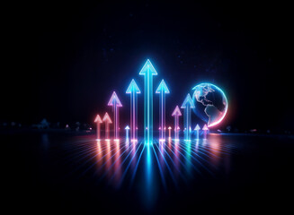 Wall Mural - vibrant neon arrows ascend towards a glowing earth, symbolizing global growth and prosperity for chi