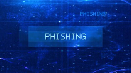 Wall Mural - Phishing Digital Text Animation over Futuristic World Map and HUD Effects