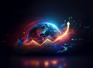 Wall Mural - a glowing earth with upward trending graphs symbolizes global growth and prosperity, projected for c