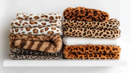 Wall Mural - A stack of folded leopard print garments in various patterns on a clean shelf.