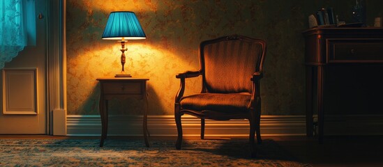 Wall Mural - Cozy interior featuring a wooden chair with rich upholstery a stylish blue lamp casting warm light and a textured carpet creating an inviting atmosphere