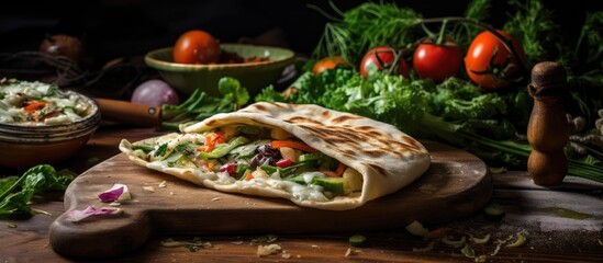 Poster - Rustic flatbread lavash filled with fresh vegetables, cheese, and greens on a wooden board, surrounded by vibrant tomatoes and herbs in dark ambiance.