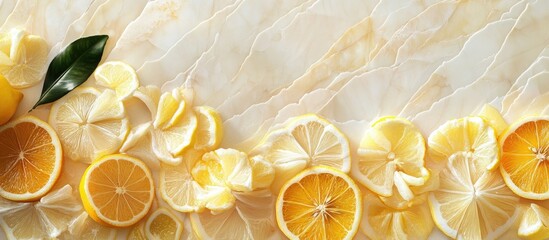 Poster - Vibrant arrangement of whole and sliced lemons on a white marble background featuring shades of yellow and green for a fresh and appealing display