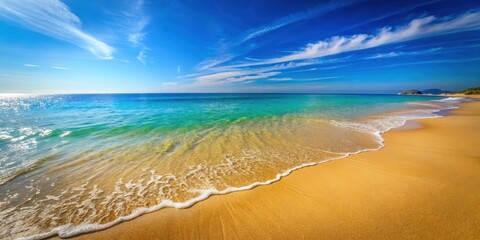 Poster - A serene beach scene featuring golden sand and crystal clear blue sea with a clear sky in the background ,  beach, sea, sand