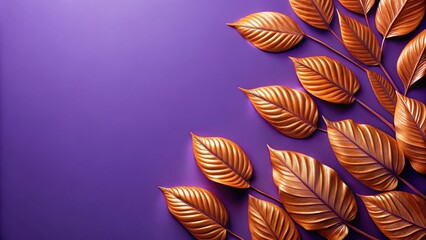 Sticker - Vibrant composition of metallic orange leaves on violet background, autumn, fall, dry, metallic, leaves, orange, pattern