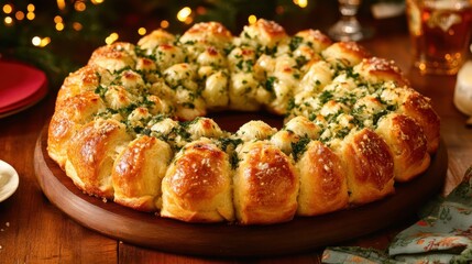 Wall Mural - Delicious garlic bread wreath with herbs and cheese on a wooden table