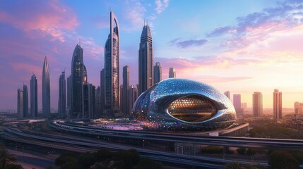 Wall Mural - Dubai cityscape featuring a modern metro railway and skyscrapers at sunset with the Museum of the Future and urban skyline in the background