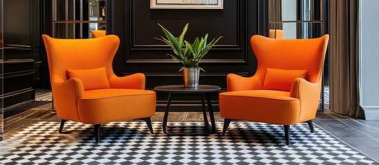 Canvas Print - Lively scene featuring two vibrant orange wingback chairs positioned on a classic black and white checkerboard floor with a potted plant centerpiece.