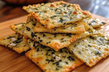 Wall Mural - Stack of delicious homemade crackers with herbs and spices on wooden board