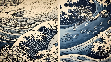 two paintings of waves and a wave