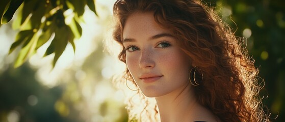 Wall Mural - Young woman with curly hair and earrings standing outdoors in natural sunlight, smiling and enjoying a serene moment surrounded by greenery. Portrait photography concept.