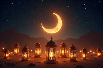 Wall Mural - a glowing crescent moon surrounded by traditional islamic lanterns (fanous), with soft golden light 